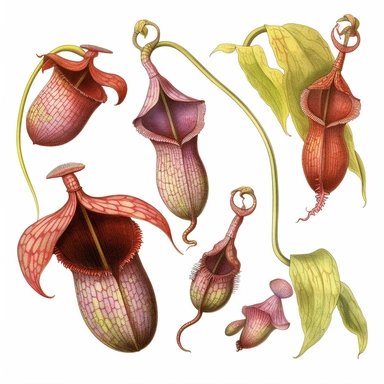 Clipart, vintage, watercolor, Nepepenthes Veitchii, Nepenthaceae, Carnivorous plant, botanical illustration, hand drawn, texture