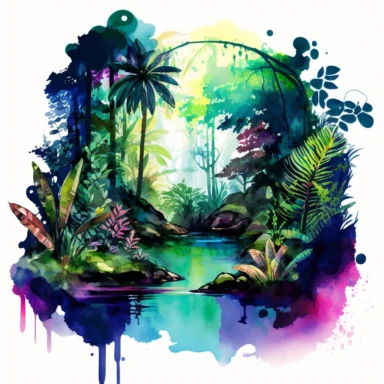 wild world of a Holographic Rainforest, where a small pond sits nestled among the lush greenery. watercolor clipart style. brings the scene to life, while natural lighting captures the details and shadows of the jungle. Adventurous colors enhance the excitement of the scene, with a best view composition that transports you into the heart of the rainforest.