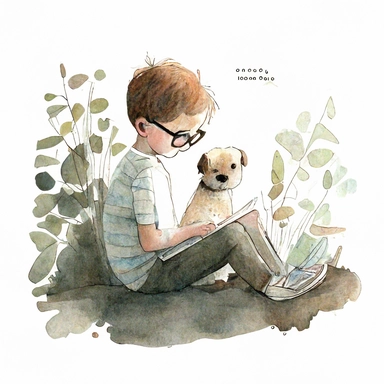 a dog sitting next to a young boy reading a book, watercolor and ink drawing, clipart, happy, gentle smile, beautiful watercolor ink wash coloring, thick pencil lines, Jon klassen, Adrian tomine, popular on etsy, watercolor illustrations clipart, watercolor illlustrations for kids and children, book illustrations, plain white background