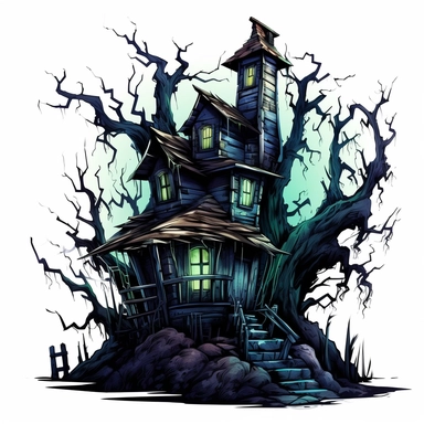 scary haunted house by tim burton, dead trees, watercolor, clipart, white background, grotesque, sketchfab, under the moonlight, green color scheme, creepy colors--s 750