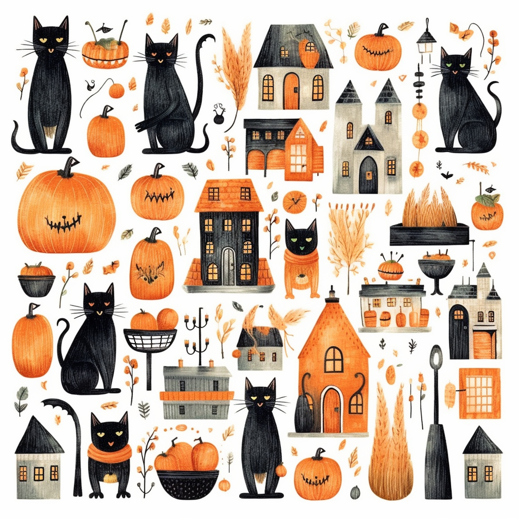 whimsical halloween clipart set, black cat, pumpkins, candles, sweets ...