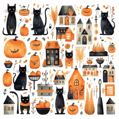 whimsical halloween clipart set, black cat, pumpkins, candles, sweets, ghosts, bats, spiders, haunted house, Minimal vintage, highly detailed, white background