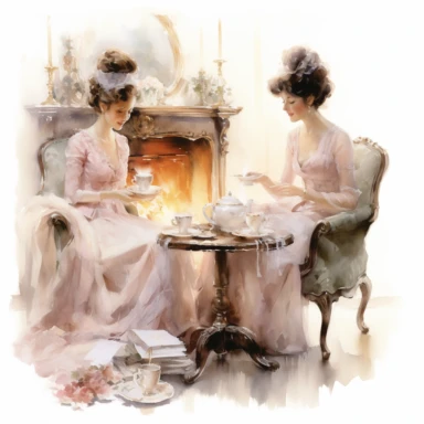 Victorian Afternoon Tea by the Fireplace with victorian women Cozy ambiance crackling fire and steaming teacups clipart isolated on clean white background, soft pastel colors, in style of Willem Haenraets in the style of realistic watercolors, feminine sensibilities, detailed illustrations, made of all of the above