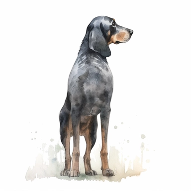 back view full body large Bluetick coonhound with black coat, on lawn, watercolor, and ink drawing, clipart, happy, gentle smile, beautiful watercolor ink wash coloring, thick pencil lines, Jon klassen, Adrian tomine, popular on etsy, watercolor illustrations clipart, watercolor illlustrations for kids, white background