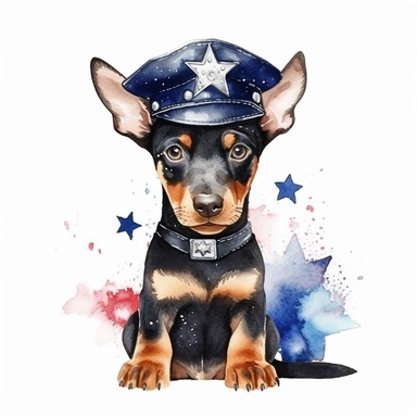 watercolor clipart, vey cute happy doberman pinscher, in style policeman, full body, Police Badge, Police Uniform, Duty Belt, police Hat or Cap with star, background Flag, white background, hyper detailed, 300 dpi, 8k, high solution, no watermark
