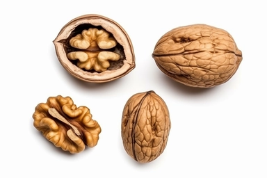 Walnut half isolate. Peeled walnut on white. Walnut nut top view. Set with clipping path. Full depth of field.