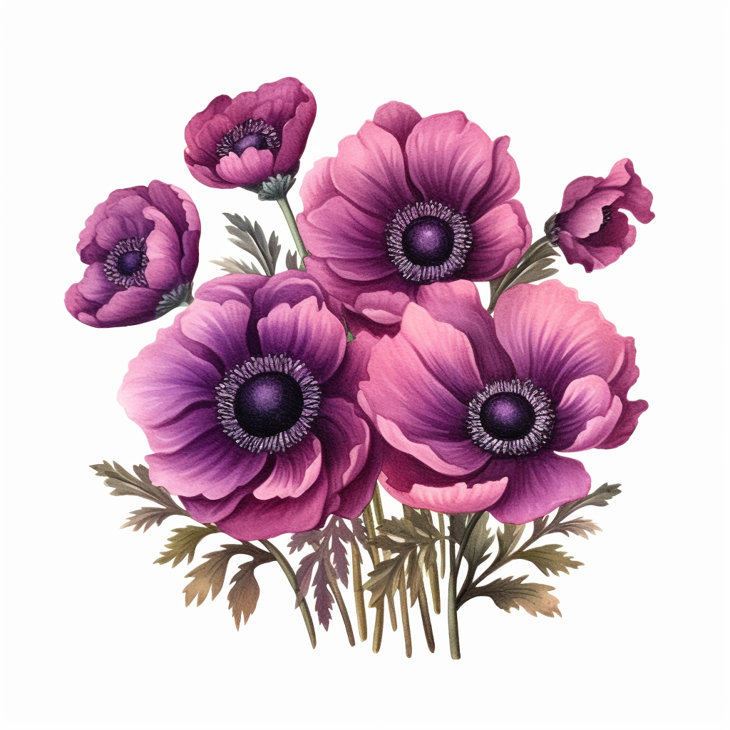 dark Magenta anemone flower bunch, watercolor, clipart, highly detailed ...