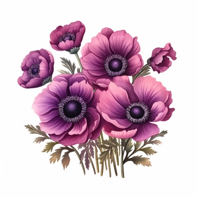 dark Magenta anemone flower bunch, watercolor, clipart, highly detailed, HD, flowers arranged in a square-shaped frame