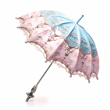 pastel pink and blue princess ornate parasol side view photo realistic clipart with white background straight handle