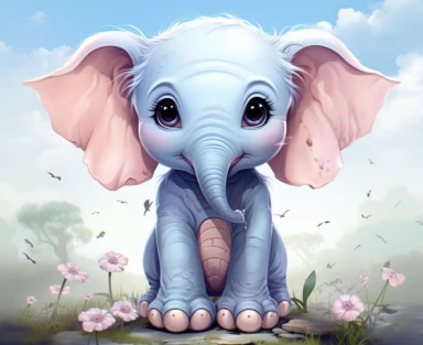 a kawaii cartoon elephant with big ears clipart, in the style of light indigo and light azure, subtle use of color, light pink and light orange, use of traditional japanese artistic techniques, bold colors, strong lines, clean and simple designs, precise detailing