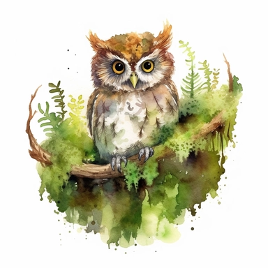 Create a watercolor-style clipart of a screech owl perched on a mossy branch, set against a gentle white background. The branch, with its vibrant green moss and intricate texture, adds a touch of whimsy to the composition. Delicate watercolor strokes capture the richness of the moss and the subtle variations in the branch's bark. The screech owl, with its compact size and expressive yellow eyes, emanates a sense of curiosity and playfulness. Its feathers exhibit a captivating blend of warm brown