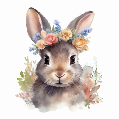 watercolor style, cute baby rabbit, smile, wear flower crown, white background, pixar style details Sublimation Clipart,hyper realistic, intricate detail, illustration style, isolated on white background for removing background