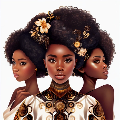 three beautiful black girls, one with an afro haircut, one with long hair and one with short hair, luxury, Pixar style, intricate details, white background, clipart