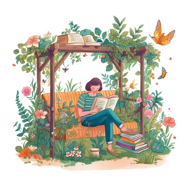 clipart image portraying a person reading in a lush garden filled with blooming flowers and crawling vines. Design a cozy reading nook amidst the greenery, complete with a wooden bench or a hammock, surrounded by bookshelves filled with colorful books, isolated on white background