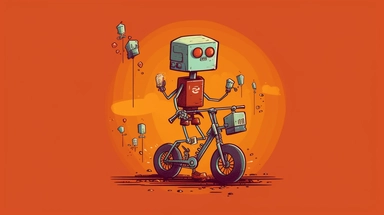 square robots riding a bike on a neural network highway, akira animated tv series style lithography clipart sticker style