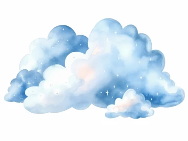 3D illustration of beautiful fluffy watercolor clouds with glitter, dreamcore clipart, for children's nursery, soft pastel blue and baby blue color palette, ethereal, dreamy, isolated on a white background,