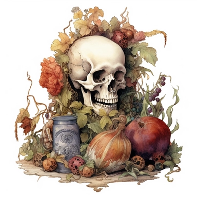 clipart memmento mori, no letters, detailed, watercolour, coloured, grim