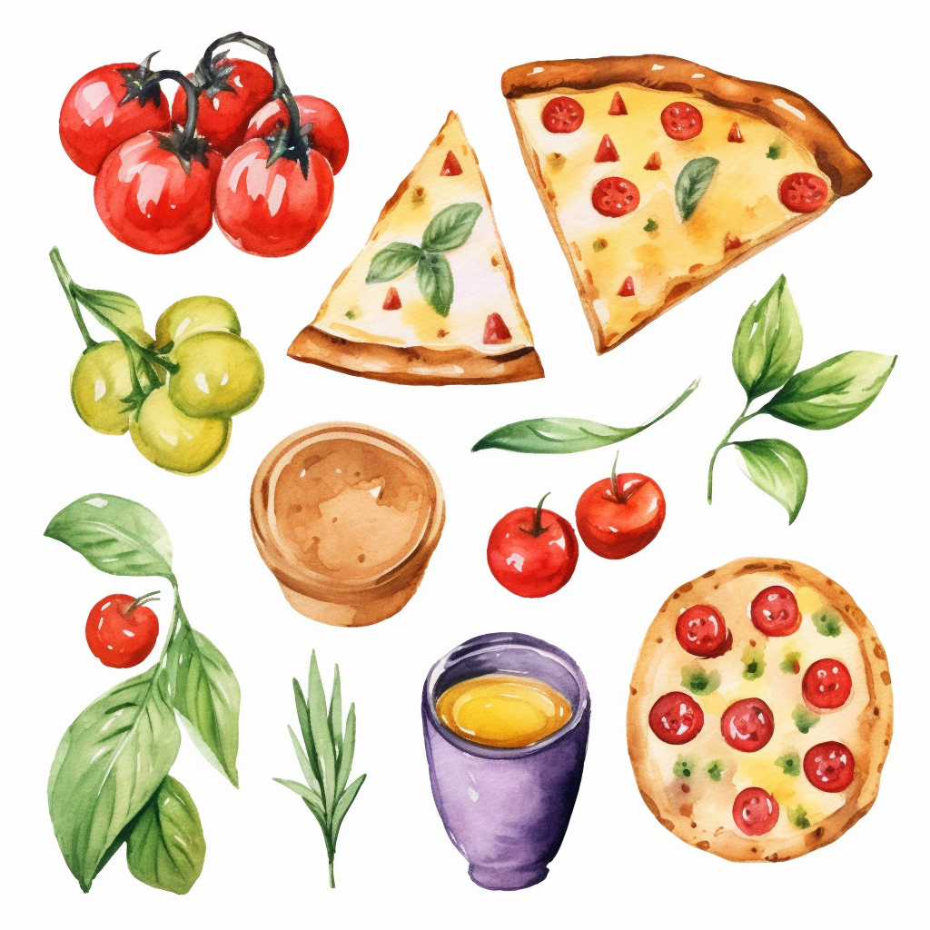 Watercolor clipart sheet, simple, hand drawn doodle, cute, italian food ...