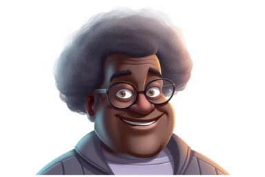 a cute matured melanin plus size man with gray afro detailed, full head and shoulder shot, white background, cartoon style, clipart, isolated, no signatures, rich colors, 8k, with studio lighting