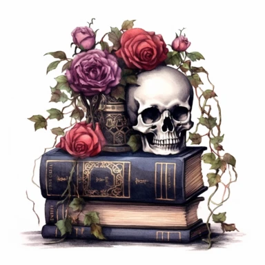 A patterm of gothic style books with watercolor effect, suitable for digital clipart, white background, gothic scene, gothic colors, gothic tools, gothic roses, skull, dark scene