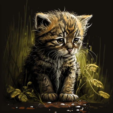 hungry Kitten drawing, under the bush in forest background, clipart crying kitten, procreate style , drawing style, crying