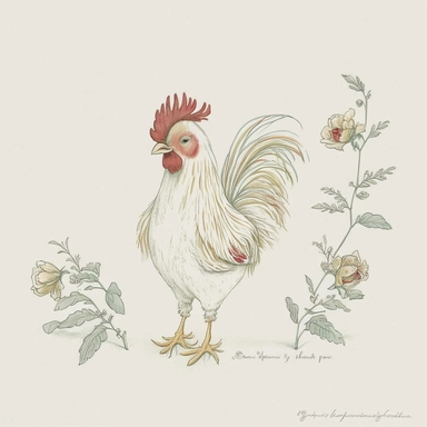 Cute - french style rooster crowing clipart, 1960, childlike innocence and charm, adorable eyes, rosy cheeks, shy posture, feminine sensibilities, realistic drawing in storybook illustration, pencil drawing by Angela Barrett, Elsa Beskow 300 DPI, valentines day themed, white background