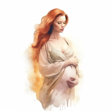Watercolor drawing of a dreamy beautiful ginger pregnant woman, romantic watercolor clipart, white background, isolated on white, 8k, watercolor style