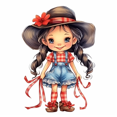 little cute girl , braids in her hair with bows at the ends, smiling, jolie tilibra, beautiful festa junina dress plaid, hugh eyes, straw hat on her head, boots, clipart style, embarressed with black outline,