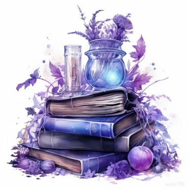 Spellbook, in the style of light silver and violet, mysterious and dreamlike scenes, realistic painted still lifes, vibrant watercolors, dreamlike installations, witchy academia, contest winner, watercolor clipart