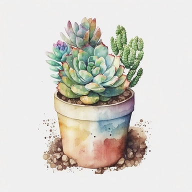 watercolor cute tall succulent potted in a clay pot, white background, clipart