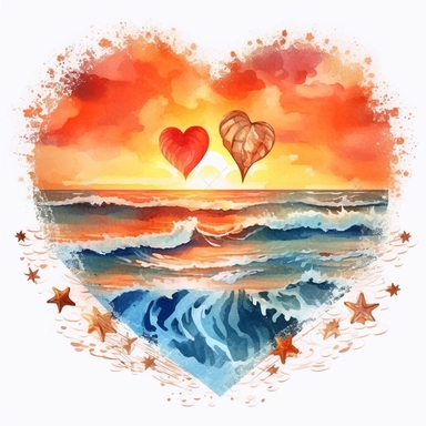Retro Heart Beach Sunset Watercolor Clipart, Watercolor Beach Sunset in a Heart Shape Clipart, Beach Clipart, sand, starfish, Watercolor Clipart, highly detailed, white background 8k