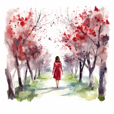 a watercolor woman walking in a cherry orchard, cherry academy style, cherry red nuances, vector free clipart illustration, in the style of unreal engine 5, 32k uhd, detailed features, white background