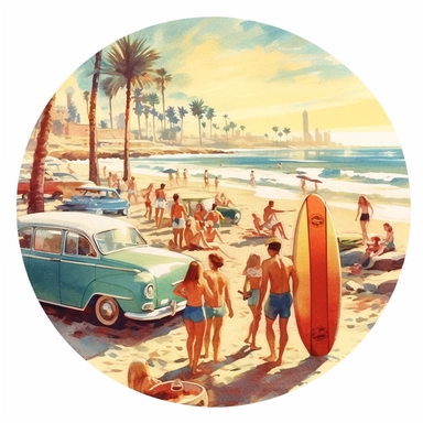 A beach party with surfboards, beach blankets, and people enjoying the sun and waves in their vintage swimsuits, american style, watercolor, clipart