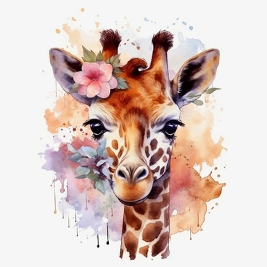 Watercolour animated whimsical cute baby floral giraffe Disney inspired beautifully detailed perfect facial features ultra highly detailed, 18k, sharp focus, bright photo with rich colours digitally enhanced, enhanced graphics, straight, sharp focus, bright lighting, intricate detailed png image ,high definition,300dpi,graphic clipart,computer graphics