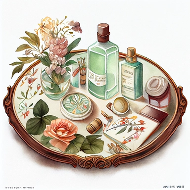 watercolor, hyper realistic, white background, white margins, 16k, ultra detailed clipart, cut out image, hand-drawn An antique-inspired vanity tray with vintage perfume bottles arranged on it, accompanied by a mirror, a brush, and other beauty accessories. Use soft and muted colors such as brown, sienna, beign, and sage green for a vintage-inspired palette