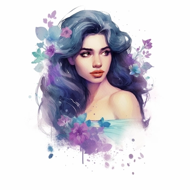 dreamy realistic watercolor princess jasmine, clipart, white background, florals, violet and aquamarine, transparent medium, dark hair, Arabic skin color
