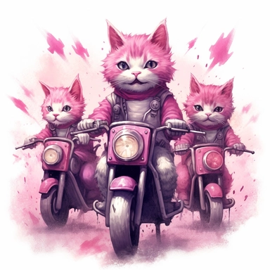 Create a clipart of a group of cats riding pink motorcycles together, perhaps forming a motorcycle gang. Low detail. White background, soft lighting. In the style of Bob Ross