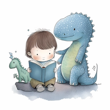a cute drawing of a little boy reading a book sitting next to his cute little dinosaur wearing blue pyjamas holding a book, blank background, childrens book illustration, melancholy pastel art, children book illustration, childrenbook illustration, children’s book illustration, children's book illustration, inspired by nicoletta ceccoli, cute storybook illustration, illustration for children, by nicoletta ceccoli, wlop! muted colors, clipart style, png
