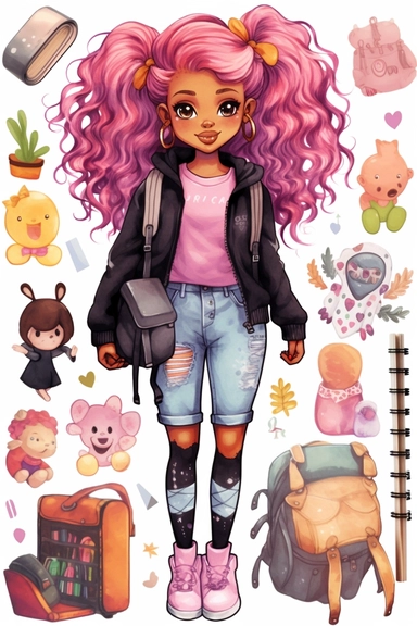 clipart set Cute illustration fashion black girl with colored hair back to school watercolor clipart, full body, Cute kawaii sticker
