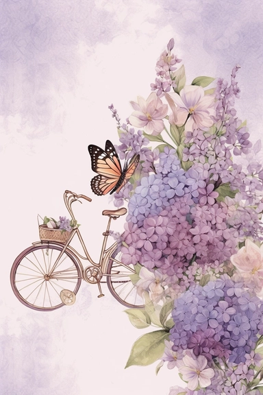 narrow floral vintage damask shabby clipart vignette along the sides and the corners of the picture, little cute bright watercolor blooming lilac vignette, pastel blank center of the picture, vintage design, butterfly, bicycle,