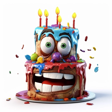 clipart of a messy two layer birthday cake, there is a funny face in the cake, candles, cartoon, for kids, funny, pixar, 8k, white background, sharp focus, detailed,