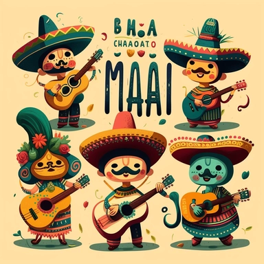 cinco de mayo clip art with mexican style characters, colorful, mariachi, tequila, sombrero, happy smiles, big eyes, playing guitars and enjoying fiesta