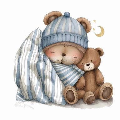 cute adorable watercolour children’s illustration brown sleepy time teddy bear , tatty teddy bear inspired, tucked up in his cute little bed, wearing striped blue pyjamas and a bedtime hat, clipart style, png style, svg clipart style, solid white background