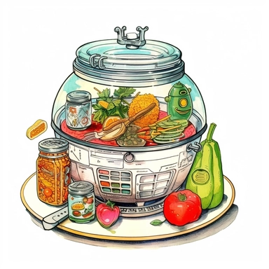 watercolor and ink styling, retro futuristic space age pickles and kimchi, clipart on plain white background, 50s vibes, super high detail ultra precision 16k HD, clean crisp brushwork, painted by Beatrix Potter