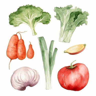 basic watercolor carrot, lettuce, tomato, bell pepper, garlic, onion in minimal hand drawn style, Etsy, textured, clipart, white background