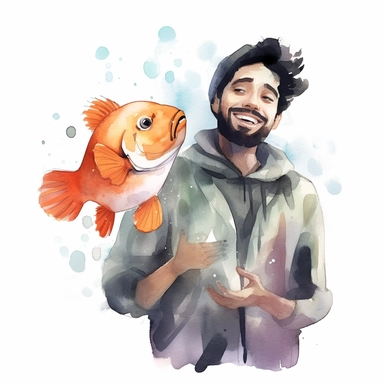 Adorable pet Clownfish having happy moment with it's human owner, water color style, clipart, white background