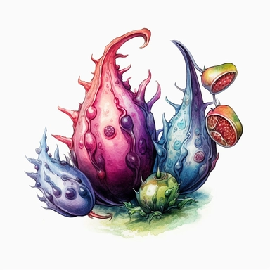 Cliparts separate alien strange--2 alien fruits watercolor,from an other planet wierd--2, no background, high definition a lot of detail