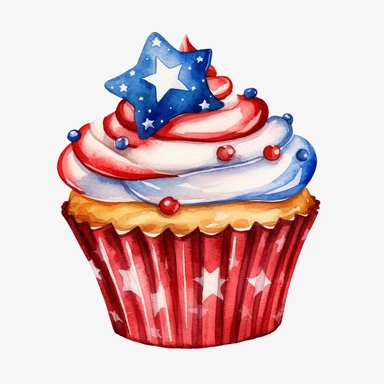 4th of July Patriotic Clip art of 4th of july patriotic cupcake, red, white & blue Full body realistic cartoon in 32K UHD cute, 8k with realistic watercolors and detailed illustrations. PNG clipart, Sublimation graphics, transparent white background for removing background - - no text shadow font watermark