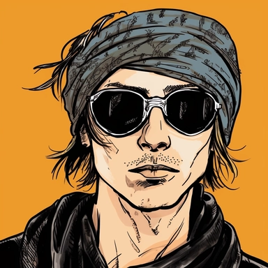 sober serious skinny young man desert punk turban bandanna sunglasses DJ Qualls, Josh Kirby Mad Max Lord of the Rings, handpainted enamel punk zine indie retrowave, clipart illustration, circular frame solid background, circular border