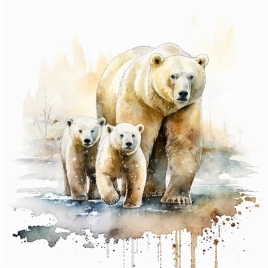 polar mama bear with cubs in a natural habitat, splash, watercolor by Thomas W.Schalle, clipart, white background